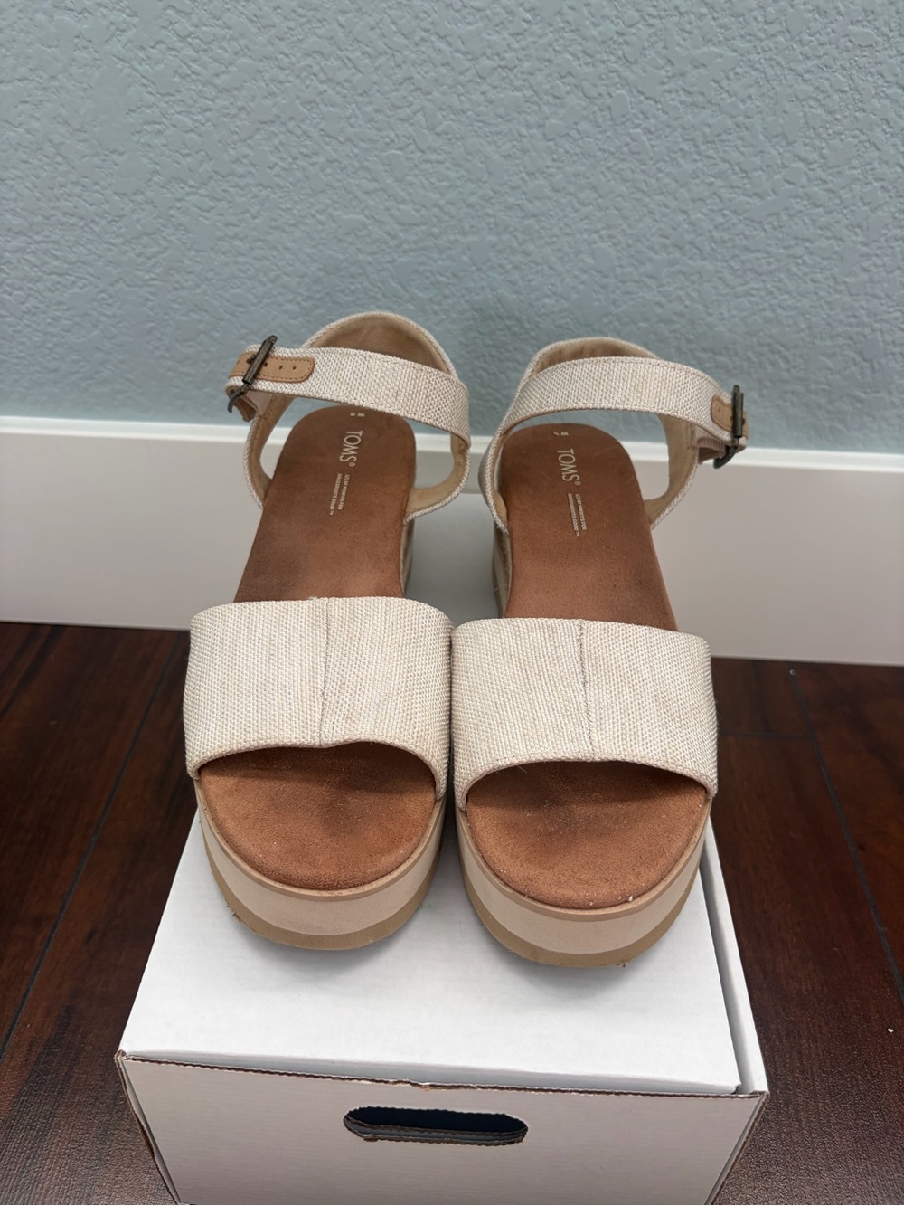 Toms Neutral Canvas Wedge Sandals with Ankle Strap